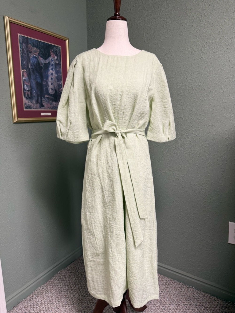 Light Green Belted Midi Dress with Puff Sleeves